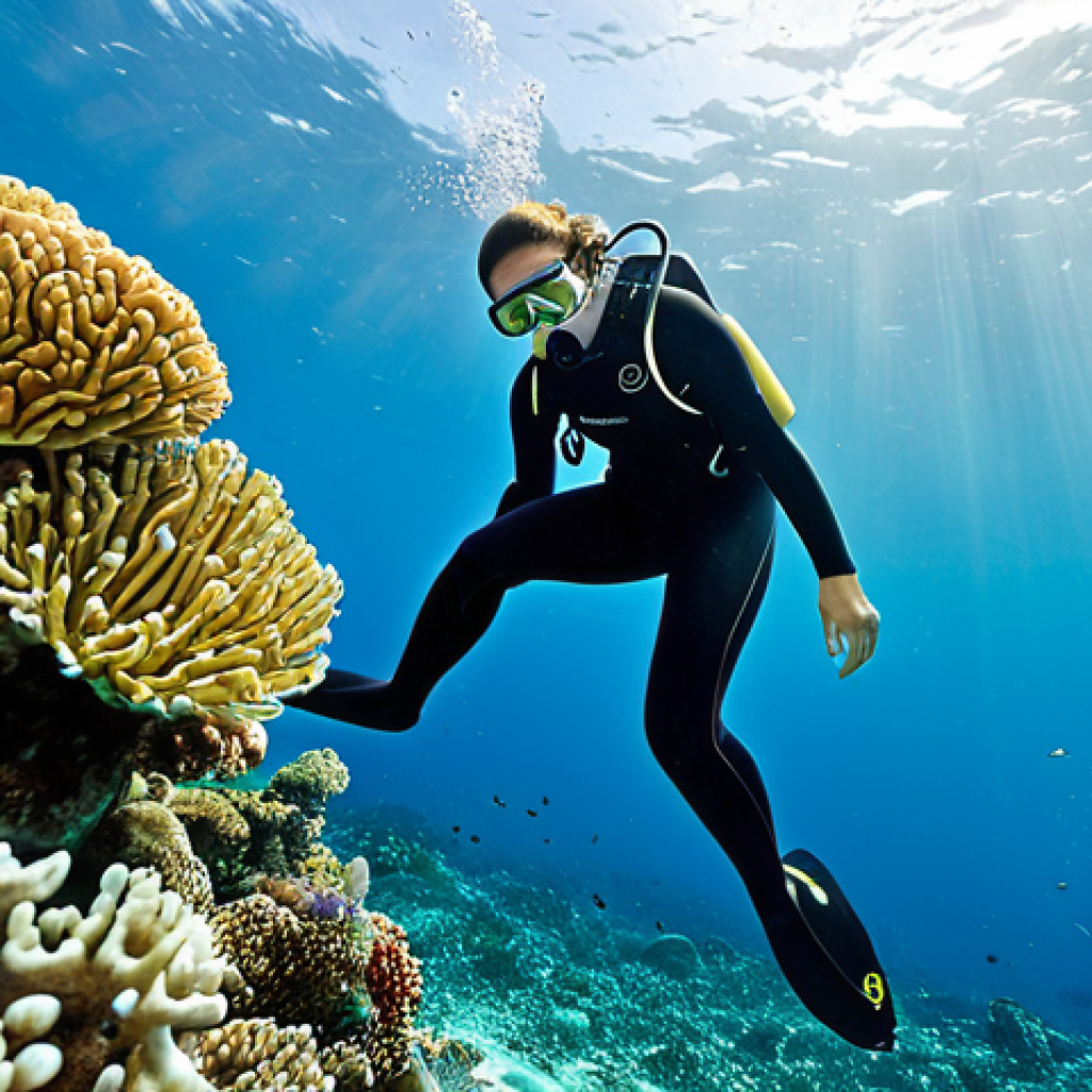 A professional female volunteer wearing a modest full-body wetsuit and diving gear, carefully planting a small coral fragment onto a vibrant, healthy coral reef in the crystal-clear turquoise waters of Palau. A male marine biologist, also in a modest full-body wetsuit, observes nearby, holding a clipboard underwater. Diverse, colorful fish swim among the corals. Bright, sunlit underwater scene. Professional photography, high quality, realistic, safe for work, appropriate content, fully clothed, professional, perfect anatomy, correct proportions, natural pose, well-formed hands, proper finger count, natural body proportions.