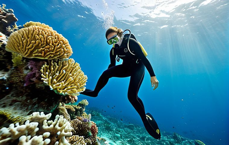 A professional female volunteer wearing a modest full-body wetsuit and diving gear, carefully planting a small coral fragment onto a vibrant, healthy coral reef in the crystal-clear turquoise waters of Palau. A male marine biologist, also in a modest full-body wetsuit, observes nearby, holding a clipboard underwater. Diverse, colorful fish swim among the corals. Bright, sunlit underwater scene. Professional photography, high quality, realistic, safe for work, appropriate content, fully clothed, professional, perfect anatomy, correct proportions, natural pose, well-formed hands, proper finger count, natural body proportions.