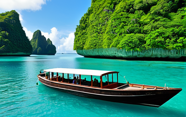 **
A serene view of the Rock Islands Southern Lagoon in Palau, showcasing the unique limestone formations covered in lush green vegetation. The water is crystal clear, reflecting the blue sky. A small, traditionally styled boat is gently gliding through the water. The scene is bathed in warm, natural sunlight. Include the following: safe for work, appropriate content, fully clothed tourists enjoying the view from the boat, professional photography, perfect anatomy (for any visible people), natural proportions, modest clothing, high resolution, family-friendly.
**