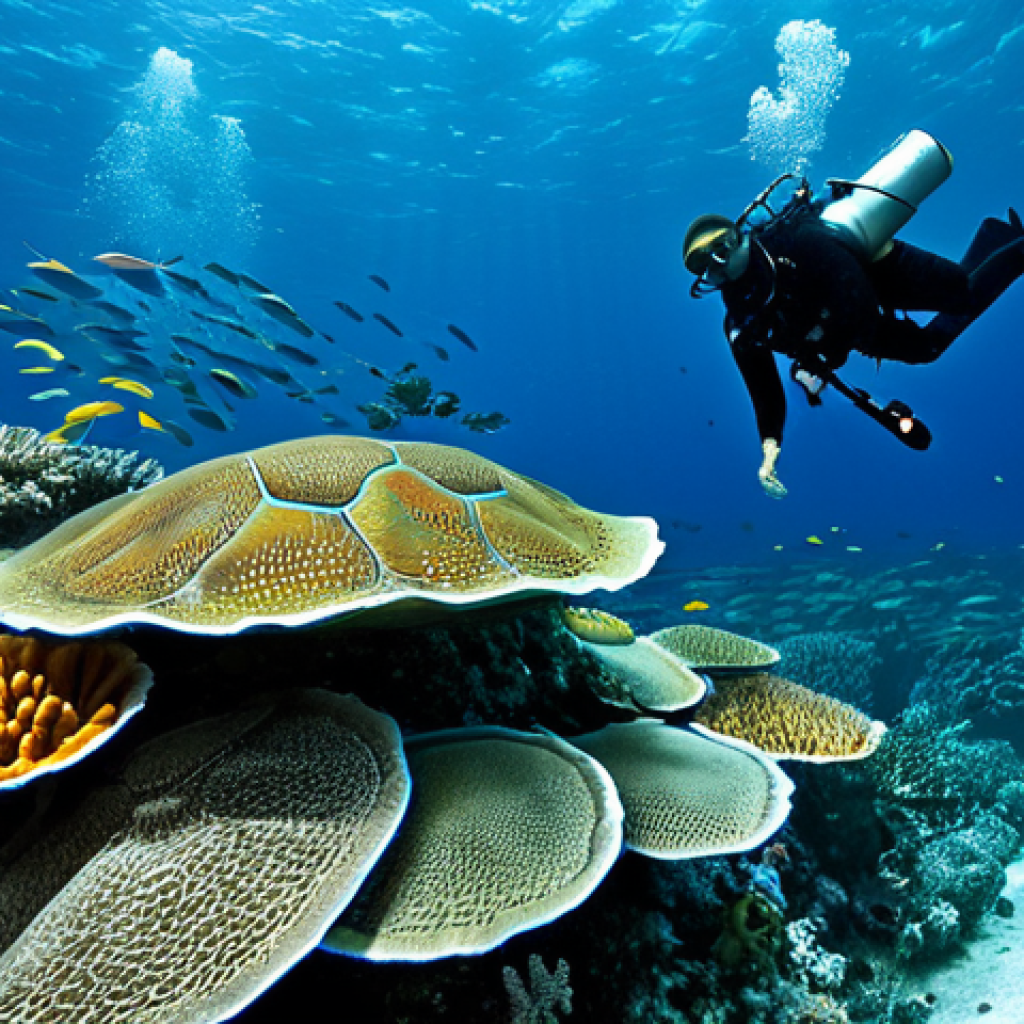 Palau's Underwater Sanctuary**
"A vibrant underwater scene showcasing the Palau National Marine Sanctuary, teeming with colorful coral reefs and diverse marine life, including schools of fish and sea turtles. Clear blue water with sunlight filtering through. In the style of a professional nature documentary photograph. Safe for work, appropriate content, fully clothed (implied, focusing on marine life), perfect anatomy (of the sea creatures), natural proportions, high quality, professional."
**