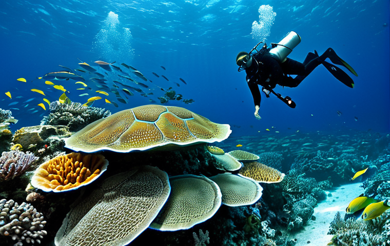 Palau's Underwater Sanctuary**
"A vibrant underwater scene showcasing the Palau National Marine Sanctuary, teeming with colorful coral reefs and diverse marine life, including schools of fish and sea turtles. Clear blue water with sunlight filtering through. In the style of a professional nature documentary photograph. Safe for work, appropriate content, fully clothed (implied, focusing on marine life), perfect anatomy (of the sea creatures), natural proportions, high quality, professional."
**