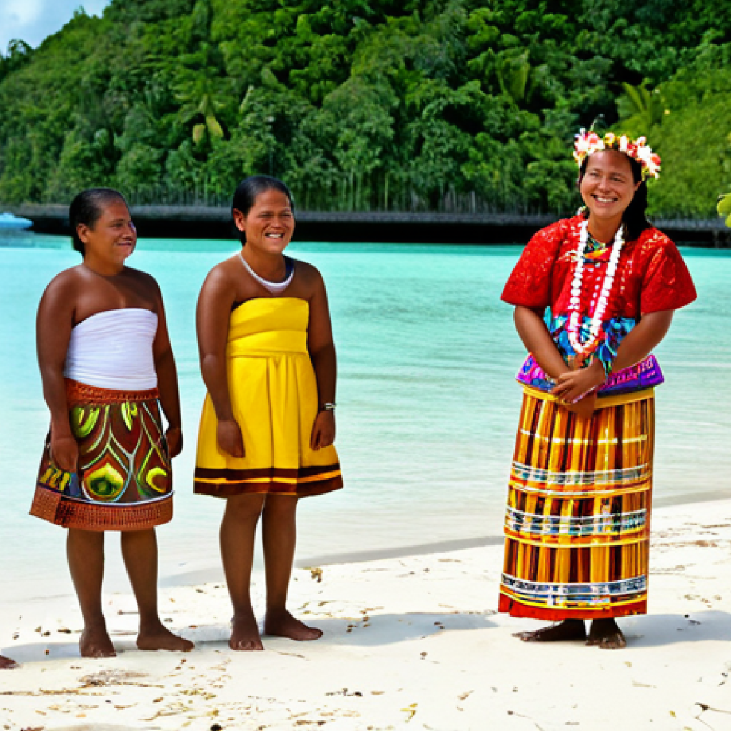 Traditional Palau Wedding Ceremony**
"A fully clothed Palauan bride in a traditional woven dress adorned with flowers and shells, standing next to the groom in appropriate attire. They are on a sandy beach during a traditional wedding ceremony, surrounded by family and community members in colourful clothing. Safe for work, perfect anatomy, natural pose, professional photography, high quality, appropriate content, modest, family-friendly. The scene includes traditional Palauan dancers in the background. Capture the joy and community spirit."
**