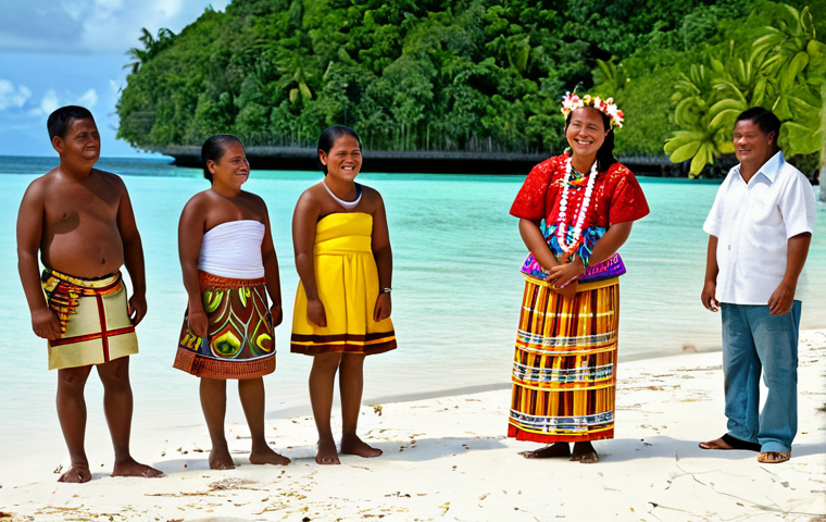 Traditional Palau Wedding Ceremony**
"A fully clothed Palauan bride in a traditional woven dress adorned with flowers and shells, standing next to the groom in appropriate attire. They are on a sandy beach during a traditional wedding ceremony, surrounded by family and community members in colourful clothing. Safe for work, perfect anatomy, natural pose, professional photography, high quality, appropriate content, modest, family-friendly. The scene includes traditional Palauan dancers in the background. Capture the joy and community spirit."
**