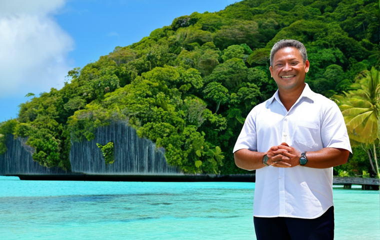 Tourism Professional in Palau**
A friendly, fully clothed tourism professional (male or female) in appropriate business casual attire, standing in front of a luxury resort in Palau. The background showcases clear turquoise waters and lush green islands. Safe for work, appropriate content, modest, professional, perfect anatomy, correct proportions, natural pose, well-formed hands, proper finger count, natural body proportions, high quality photography.
**