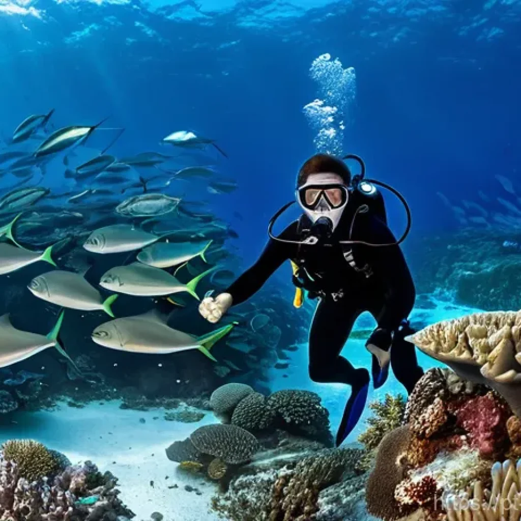 팔라우 블루코너 다이빙 - **"Diver's Awe at the Blue Corner Current"**
An underwater wide shot at the famous Blue Corner i...