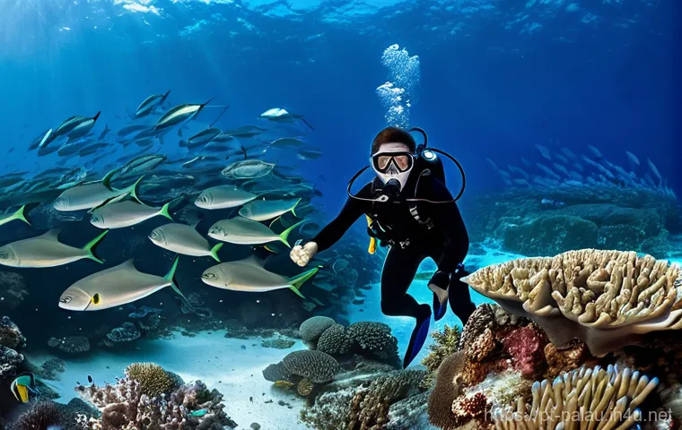 팔라우 블루코너 다이빙 - **"Diver's Awe at the Blue Corner Current"**
An underwater wide shot at the famous Blue Corner i...