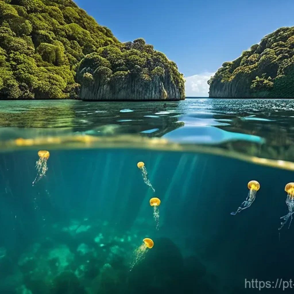 팔라우 여행 최적기 - **Prompt:** A serene underwater scene in Palau's Jellyfish Lake, featuring a human swimmer (wearing ...
