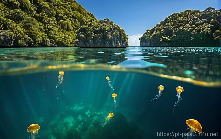 팔라우 여행 최적기 - **Prompt:** A serene underwater scene in Palau's Jellyfish Lake, featuring a human swimmer (wearing ...