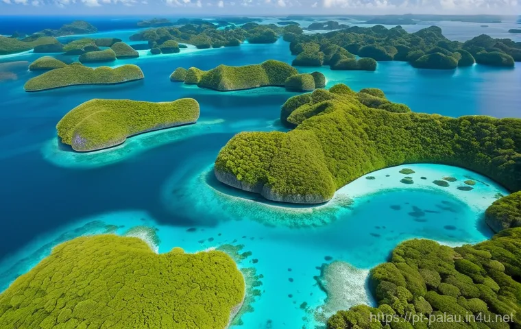 팔라우에서 드론 촬영 가능 여부 - A breathtaking aerial view of Palau's Rock Islands Southern Lagoon, with vibrant turquoise waters, l...