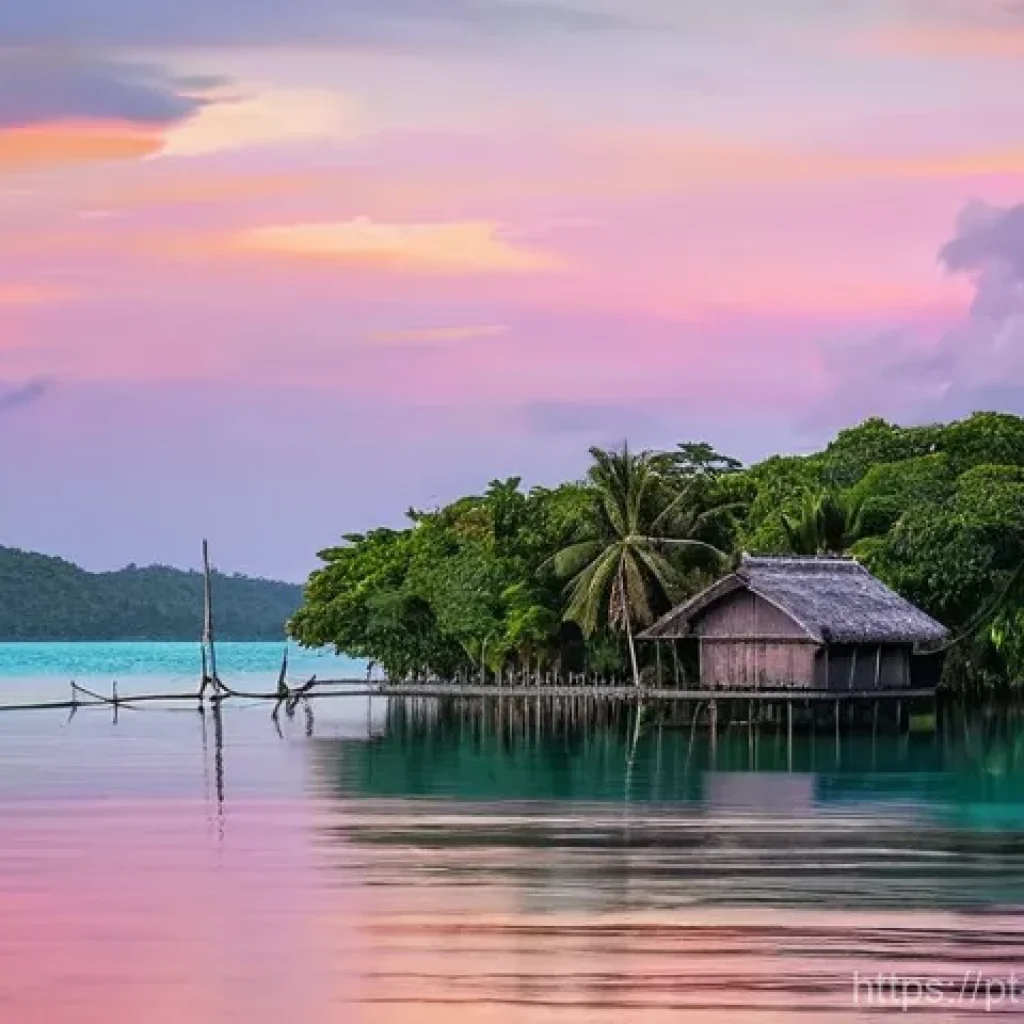 팔라우 기후 변화 영향 - **Prompt: "A serene, contemplative view of a traditional Palauan stilt house at sunrise. The lower p...