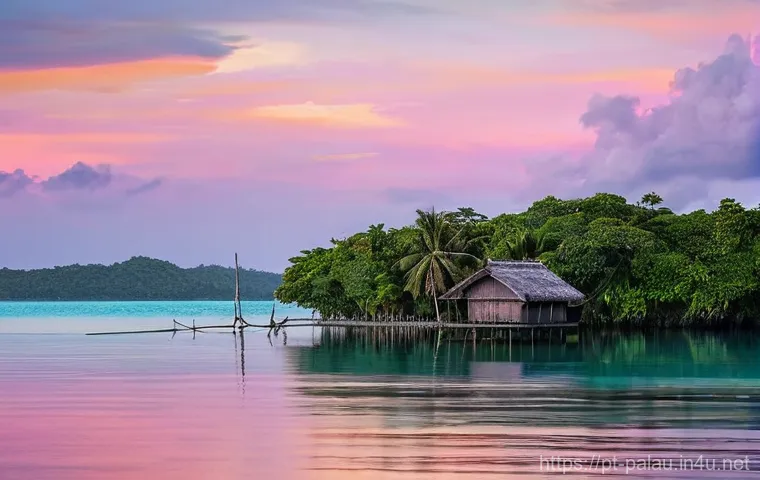 팔라우 기후 변화 영향 - **Prompt: "A serene, contemplative view of a traditional Palauan stilt house at sunrise. The lower p...