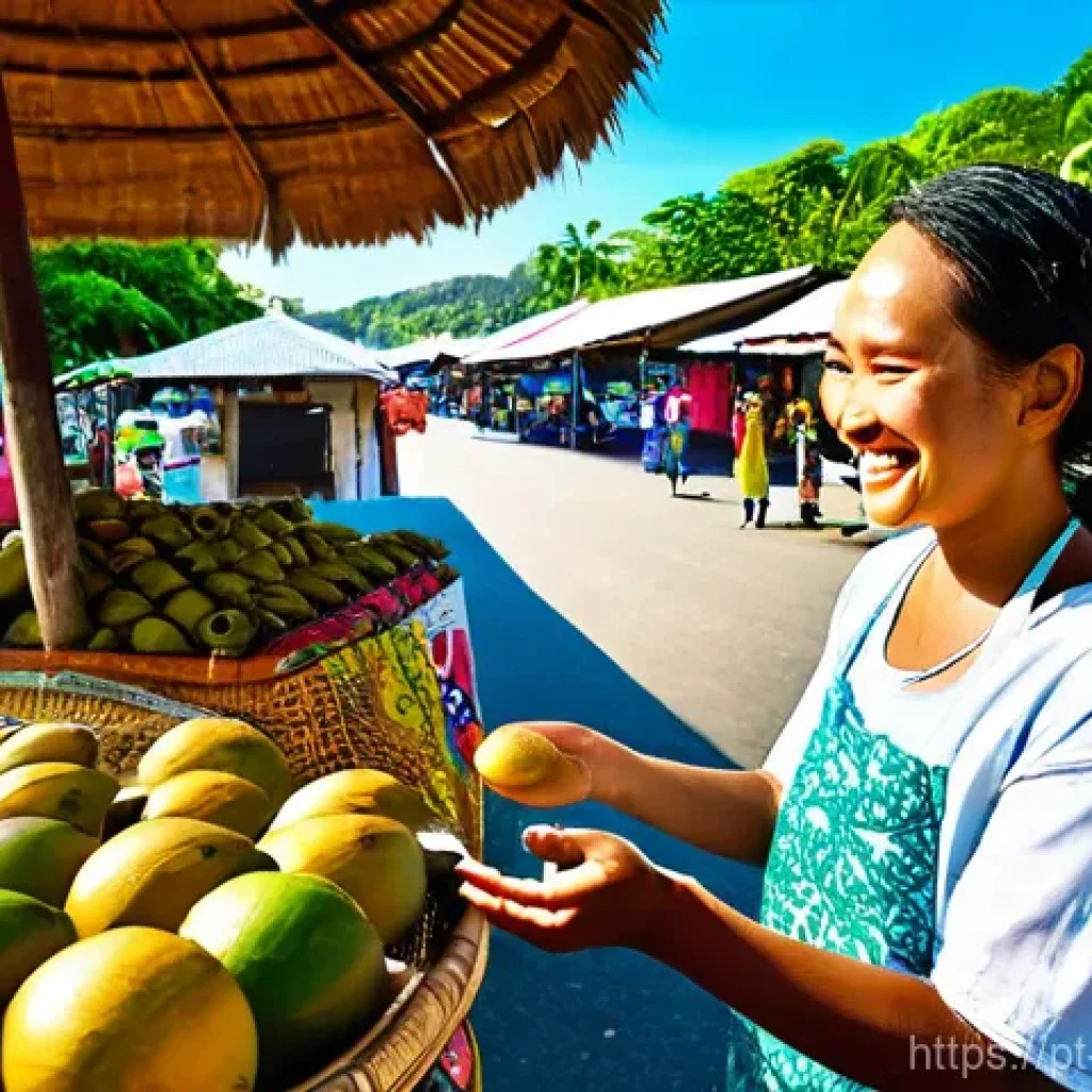 팔라우 화폐와 환전 팁 - **Prompt 1: Local Market Cash Transaction**
"A vibrant outdoor scene in Palau. A smiling female ...