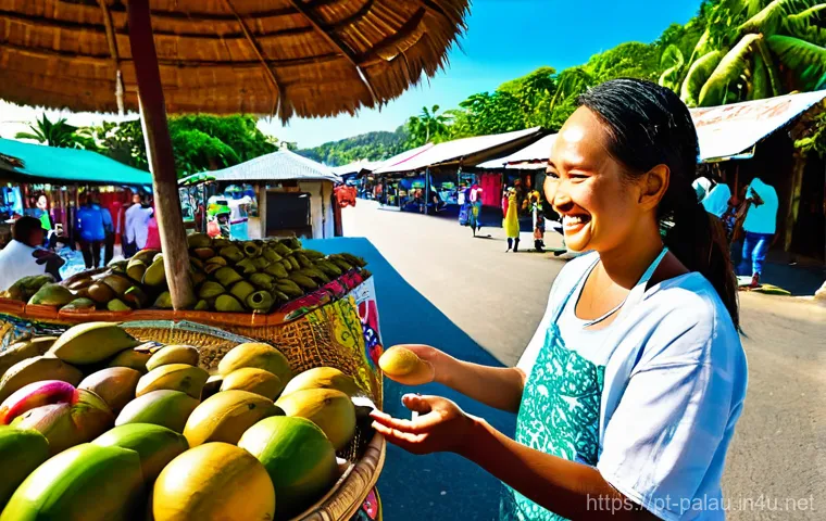 팔라우 화폐와 환전 팁 - **Prompt 1: Local Market Cash Transaction**
"A vibrant outdoor scene in Palau. A smiling female ...