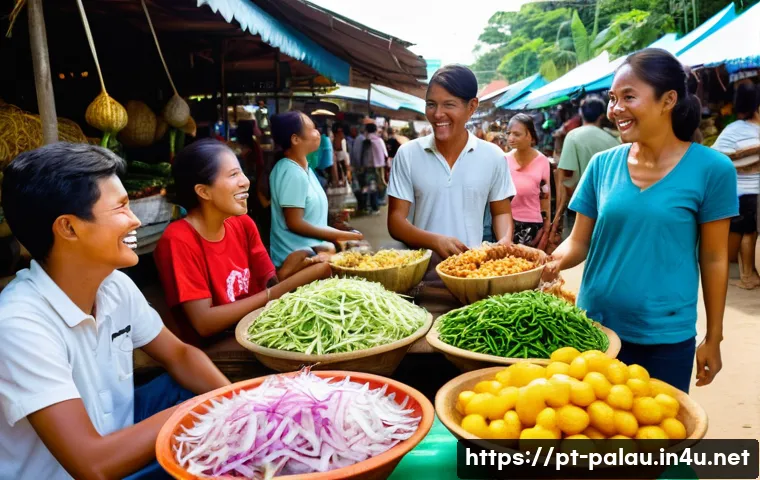 팔라우에서 가장 맛있는 길거리 음식 - **"A joyful scene at a bustling Palauan daytime street market. A group of friends, aged 20s-30s, dre...
