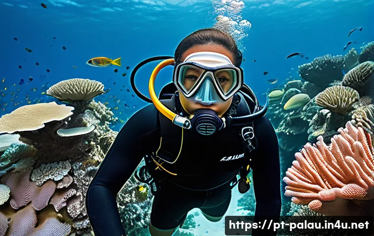 팔라우 스쿠버다이빙 라이센스 취득 - **"A serene underwater classroom in Palau. A diver, wearing a full, modest wetsuit and complete scub...