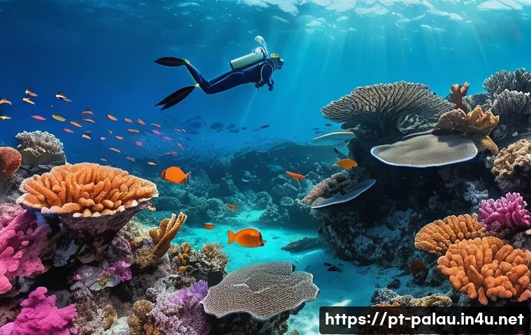 팔라우 여행 시 주의할 점 - **Prompt:** A serene underwater scene in Palau. A person, wearing a full-body swimsuit and snorkelin...