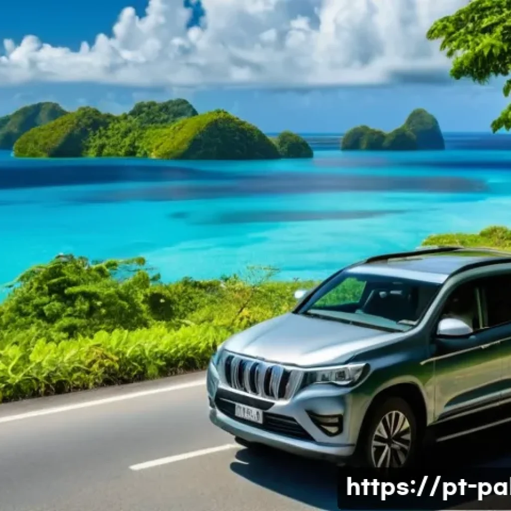 팔라우에서 자동차 렌트 시 유의사항 - **Prompt:** A vibrant, sun-drenched scene on Palau's Compact Road, showcasing a modern, clean SUV dr...