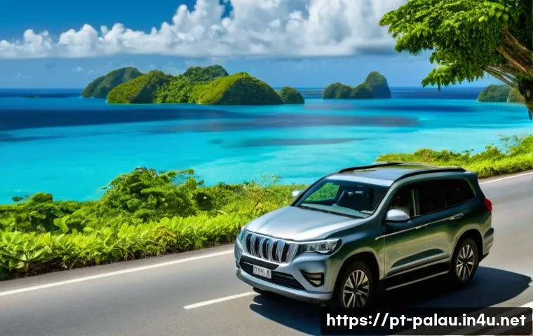 팔라우에서 자동차 렌트 시 유의사항 - **Prompt:** A vibrant, sun-drenched scene on Palau's Compact Road, showcasing a modern, clean SUV dr...