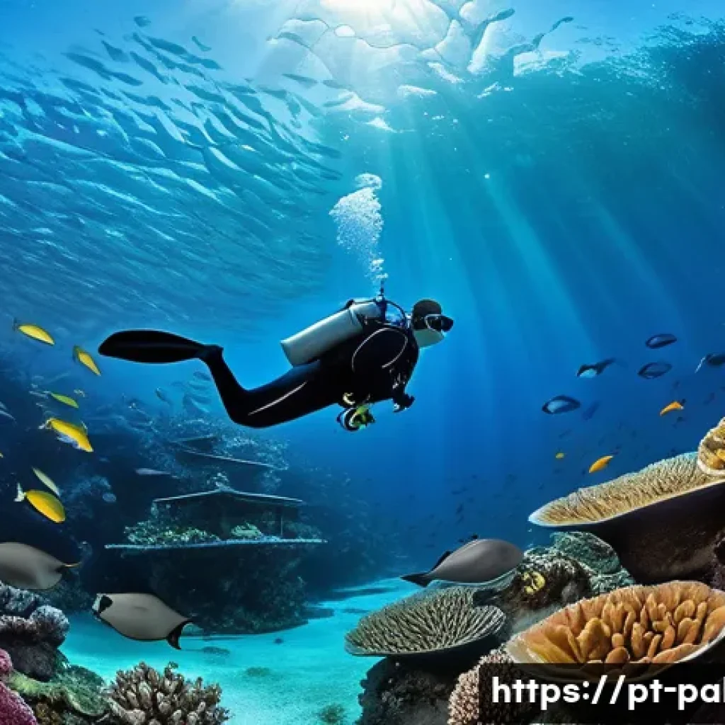 팔라우의 해양 스포츠 전문가 인터뷰 - A vibrant underwater scene at Palau&rsquo;s Blue Corner dive site, showcasing a skilled scuba diver wearin...