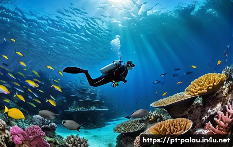 팔라우의 해양 스포츠 전문가 인터뷰 - A vibrant underwater scene at Palau’s Blue Corner dive site, showcasing a skilled scuba diver wearin...