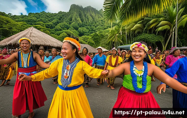 팔라우에서 유명한 인물 - A vibrant community festival in Palau showcasing traditional dances and ancestral rituals, with dive...