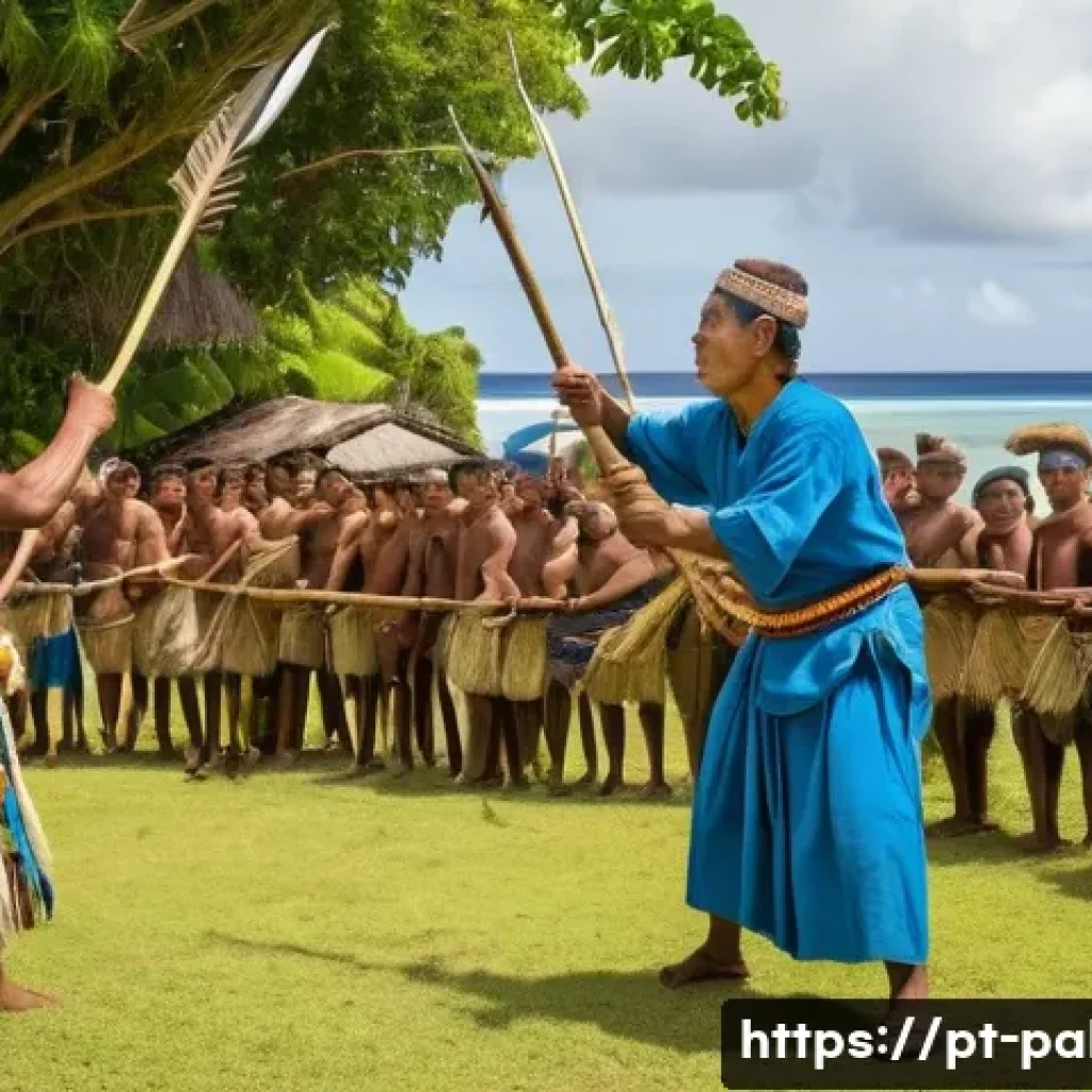 팔라우에서 즐길 수 있는 전통 스포츠 - A vibrant scene depicting a traditional spear throwing competition in Palau, set outdoors on a lush ...