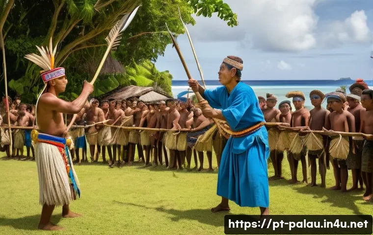 팔라우에서 즐길 수 있는 전통 스포츠 - A vibrant scene depicting a traditional spear throwing competition in Palau, set outdoors on a lush ...