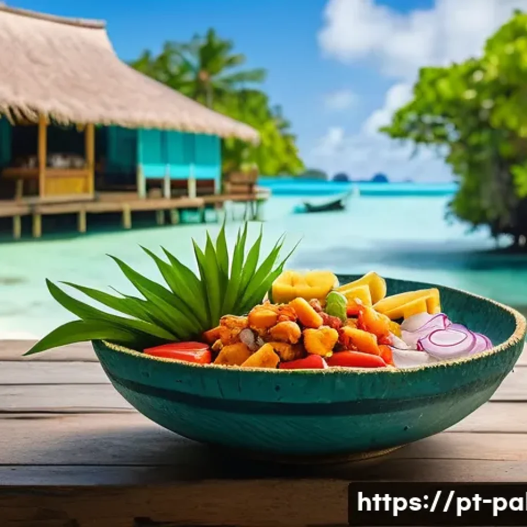팔라우 현지 음식 추천 - A vibrant tropical outdoor dining scene in Palau featuring a traditional Bai dish: a rustic wooden t...
