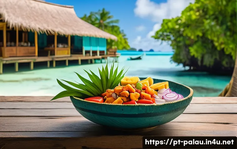 팔라우 현지 음식 추천 - A vibrant tropical outdoor dining scene in Palau featuring a traditional Bai dish: a rustic wooden t...