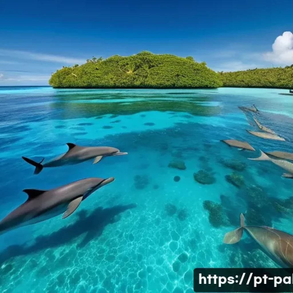 팔라우에서 만날 수 있는 돌고래와 고래 - A vibrant underwater scene in Palau featuring a pod of short-beaked dolphins swimming energetically ...
