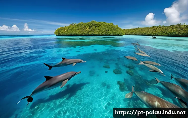 팔라우에서 만날 수 있는 돌고래와 고래 - A vibrant underwater scene in Palau featuring a pod of short-beaked dolphins swimming energetically ...