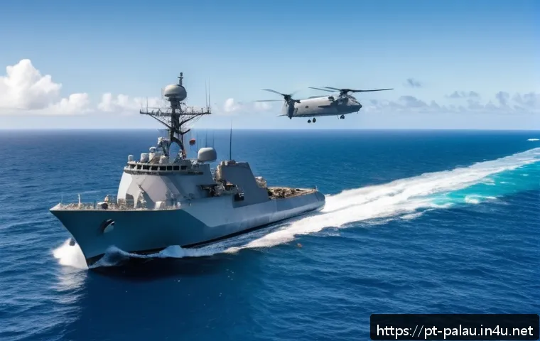팔라우와 미국의 관계 - A panoramic view of a high-tech maritime surveillance operation in the South Pacific, featuring Pala...