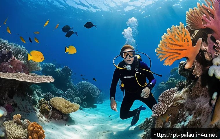 팔라우에서 스쿠버다이빙하기 좋은 계절 - A vibrant underwater scene in Palau during the dry season, featuring crystal-clear blue water with v...