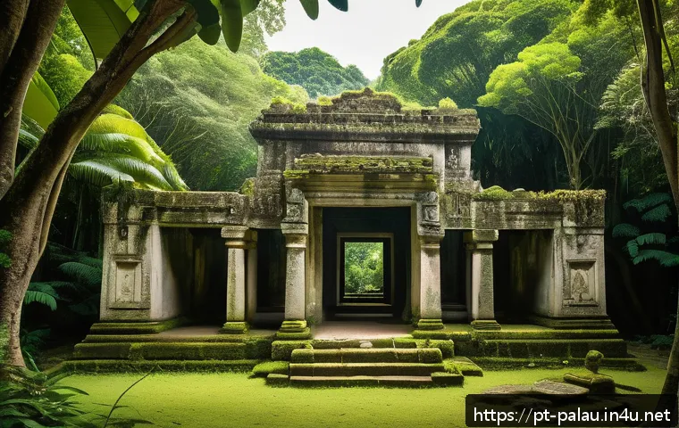 팔라우의 역사적 유적지 - Ancient stone ruins of Palau nestled in dense tropical vegetation, showcasing precisely fitted stone...
