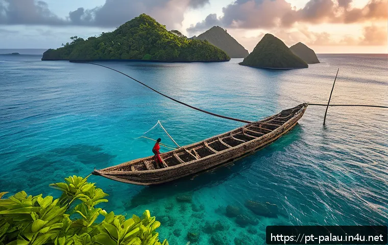 팔라우 원주민 생활 방식 - A vibrant scene of Palauan fishermen in traditional attire with respectful modesty, wearing loinclot...