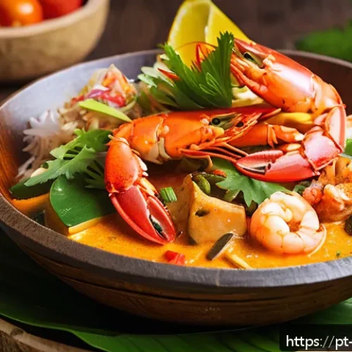 팔라우 전통 요리 - A vibrant and detailed close-up of a traditional Palauan seafood stew served in a rustic coconut she...