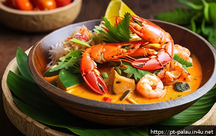팔라우 전통 요리 - A vibrant and detailed close-up of a traditional Palauan seafood stew served in a rustic coconut she...