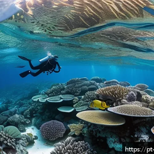 팔라우 에코투어리즘 - A vibrant underwater scene showcasing the pristine coral reefs of Palau with diverse marine life inc...