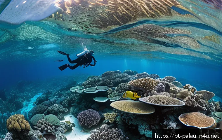 팔라우 에코투어리즘 - A vibrant underwater scene showcasing the pristine coral reefs of Palau with diverse marine life inc...