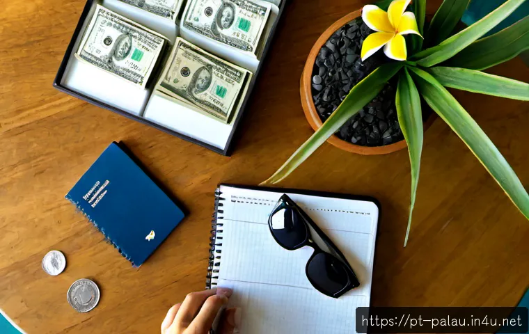 Home 30 팔라우 물가 및 예산 계획 - Photorealistic travel budget planning scene for a Brazilian couple visiting Palau, overhead view of ...