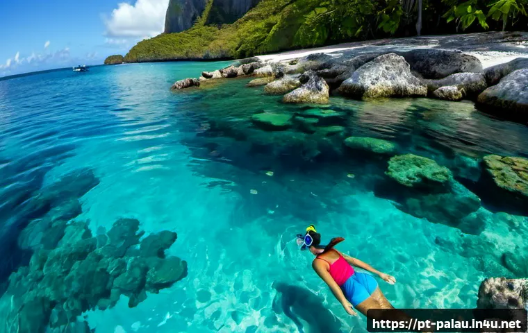 Home 17 팔라우에서 인기 있는 취미 활동 - Photorealistic wide-angle scene of a Brazilian Portuguese-speaking tourist enjoying snorkeling in Pa...