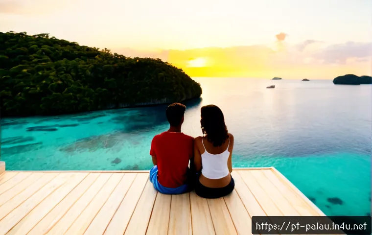팔라우 신혼여행 추천 리조트 - Photorealistic luxury honeymoon resort in Palau, a secluded overwater villa above crystal-clear turq...